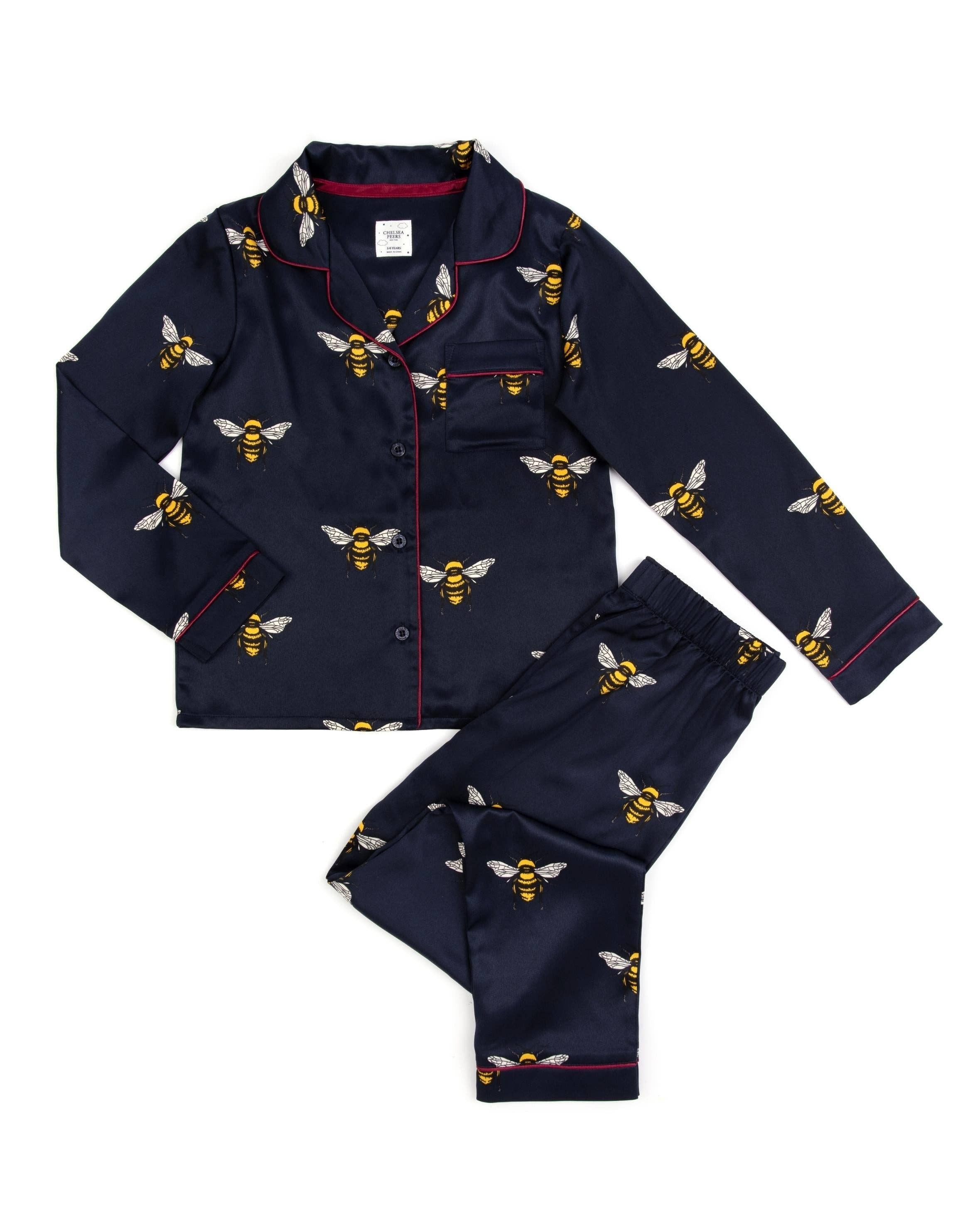 Chelsea Peers Kids Navy Bee Satin Button Up Long Pyjama Set Tiny Treasures of Churchtown Ltd