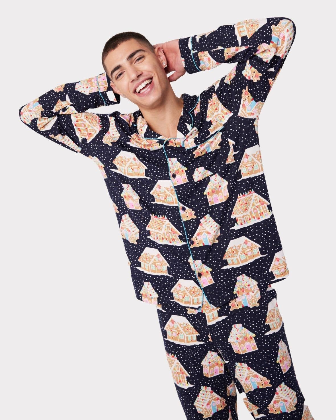 Chelsea Peers Mens Navy Gingerbread Houses Print Long PJ Set